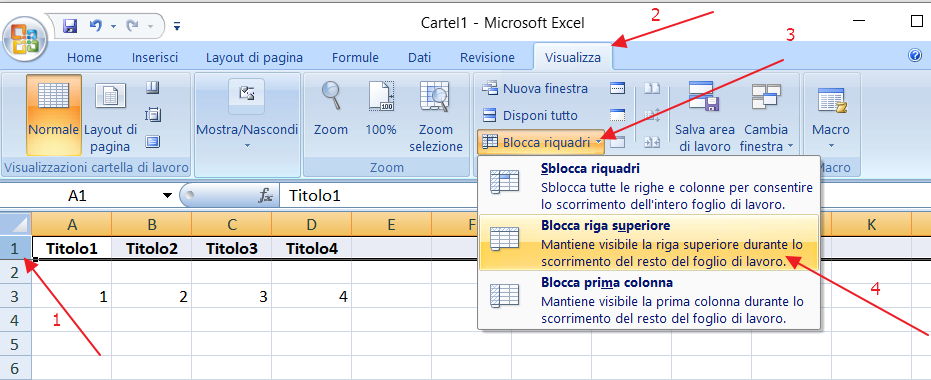 bloccare la prima riga in excel